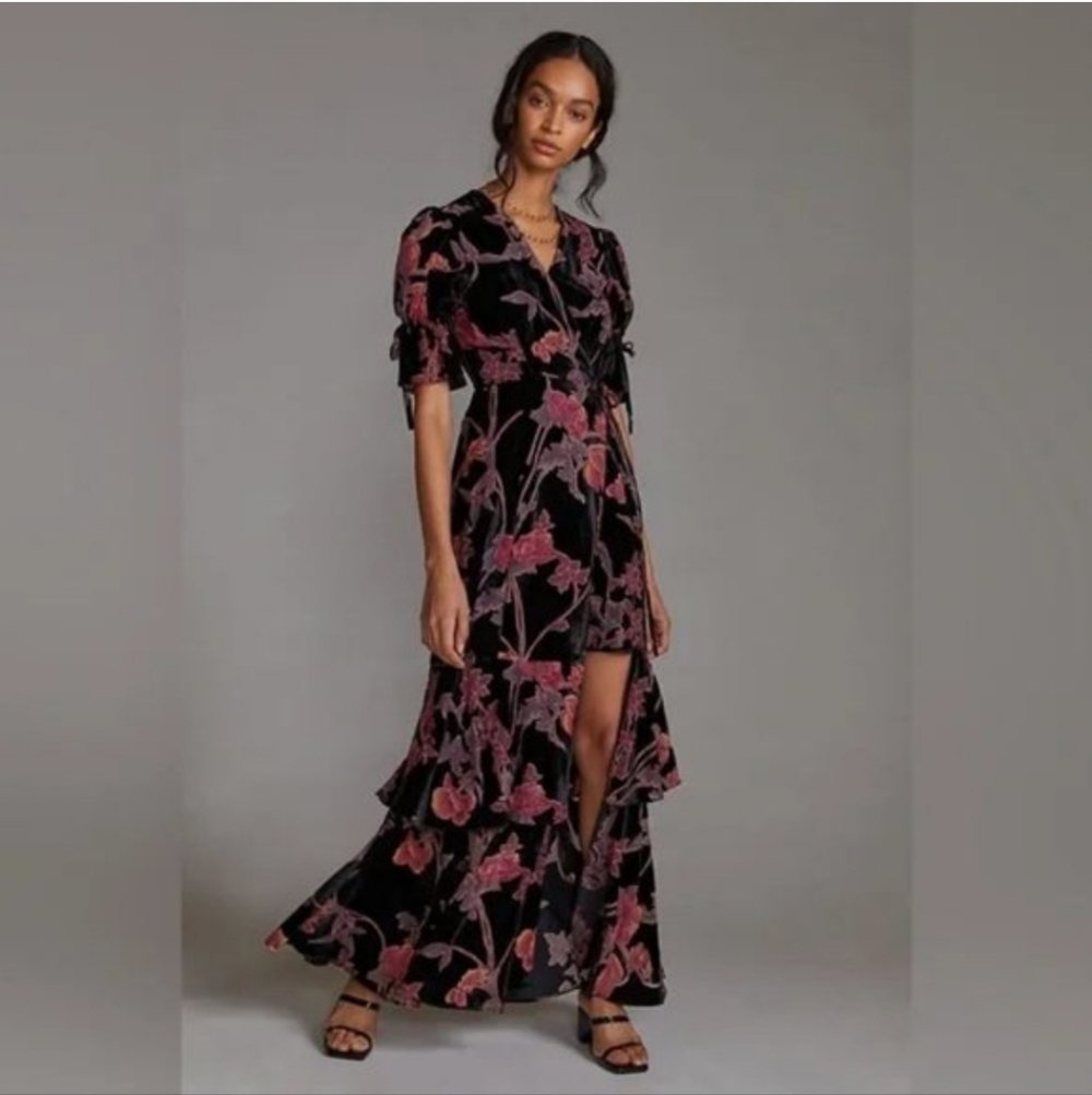 Anthropologie Hutch Velvet Floral wrap dress women's‎ XS black velour romantic